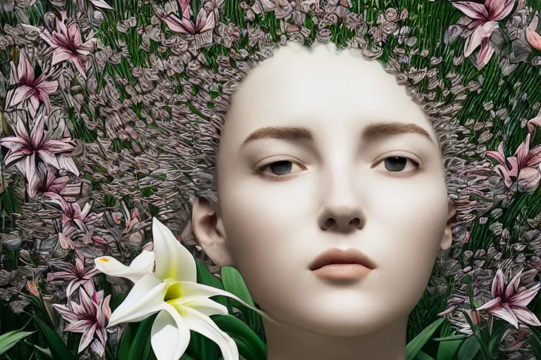 Prompt: cinematic 3 d portrait of a white porcelain woman's head and shoulders floating in a pond, surrounded by a forrest of lillies, deep focus, intricate, elegant, highly detailed, matte, sharp focus, by james jean and kim jung gi