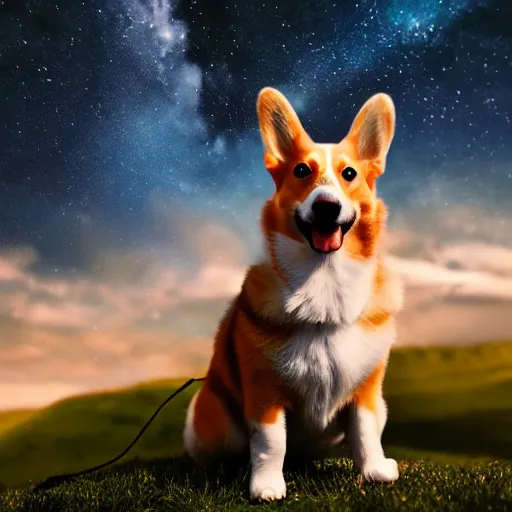 Prompt: corgi with [ angelic wings ]!!, [ flying like a superhero ]!! in the [ night sky ]!! where the stars are visibly perceptible, [ realistic photo ]!!, [ 4 k photorealism ]!!, trending on unsplash