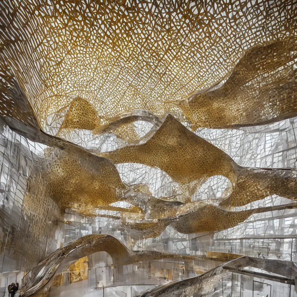 Image similar to “ the interior atrium hall of the museum of emotions designed by highly sculptural hyperbolic boolean surfaces, a sculptural staircase done in gold floats up to a skylight, highly detailed in 4 k ”