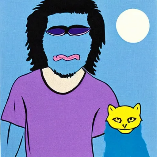 Prompt: 1980s tshirt art of a man's face and a white fluffy cat's face howling at the moon. shades of blue and violet. high quality high resolution award winning. sorrowful.