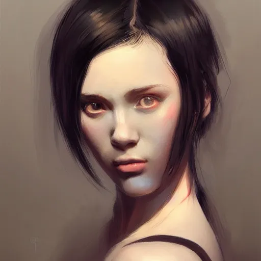 Image similar to portrait of a girl by greg rutkowski, she is about 2 0 years old, mixture between russian and japanese, prettt, black bob hair with two strands around her face, wearing a tank top, highly detailed portrait, digital painting, artstation, concept art, smooth, sharp foccus ilustration, artstation hq