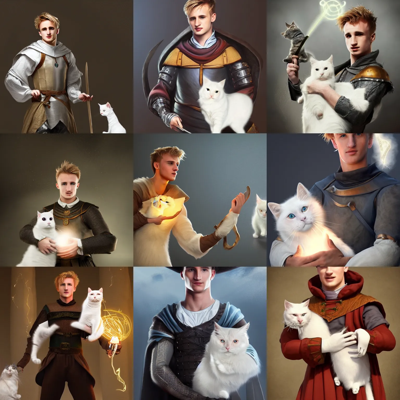 Prompt: Jack Laugher wearing medieval apprentice attire holding a magical glowing white cat. Trending on Artstation, octane render, ultra detailed, art by Ross tran