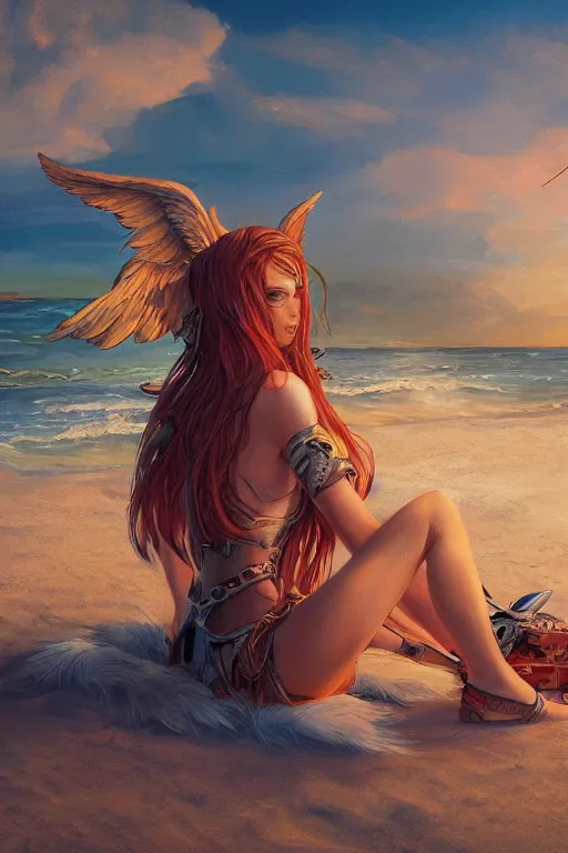 Image similar to artwork of a valkyrie girl chilling on a beach, chill scenes, warm colors, hd, hyper detailed, 4 k