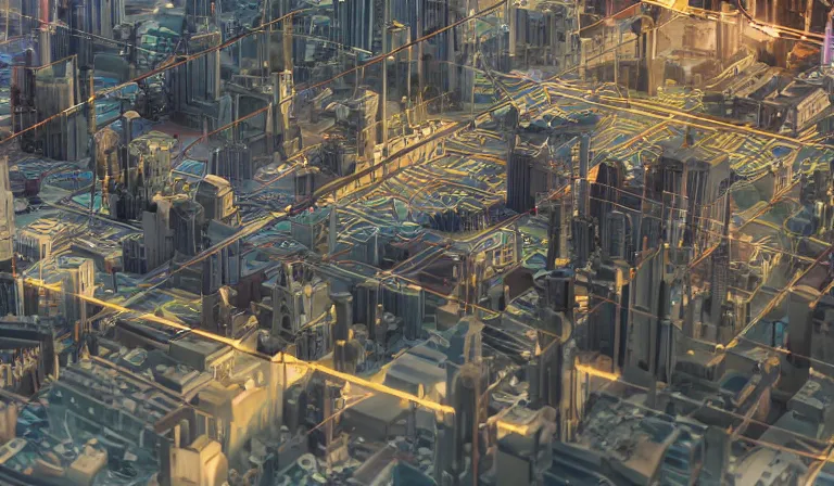 Image similar to large group people in simple warehouse, looking at hologram of futuristic downtown on a table, cinematic concept art, godrays, golden hour, natural sunlight, 4 k, clear details, tabletop model towers, center model towers, hologram center, crane shot, crane shot, crane shot, clear details, windows