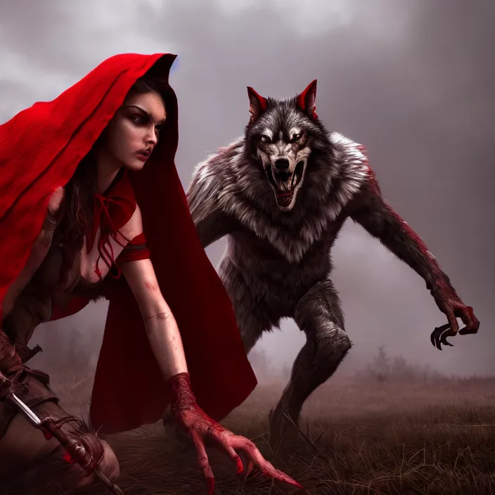 Prompt: beautiful red riding hood warrior confronting a werewolf ,highly detailed, 4k, HDR, award-winning, artstation, octane render