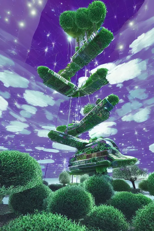 Image similar to multi level botanical garden spaceship floating in space, calm, tranquil, faded effect, detailed, vaporwave colors, render by substance designer