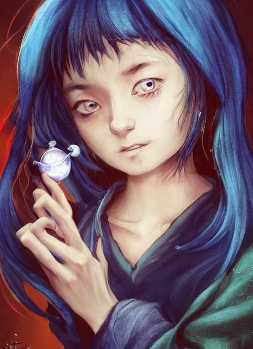 Prompt: medium shot A twelve years old girl with orange eyes, dark blue bob cat length curly dark blue dyed hair with a thoughtful expression wearing a black hoodie with white eyes ornament and grunge jeans, she is in the potions workshop, near the black cauldron, making a potion, blue shiny lighting, beautiful fantasy art by By Artgerm and Hayao Miyazaki, trending on artstation