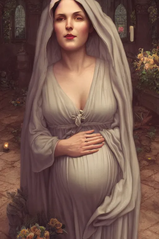 Image similar to portrait of a pregnant widow next to the grave, illustration, dramatic lighting, soft details, painting oil on canvas, art deco, octane render, HDR, 4k, 8k, HD, by Edmund Blair Leighton, Brom, Charlie Bowater, trending on artstation, faces by Tom Bagshaw, Sargent