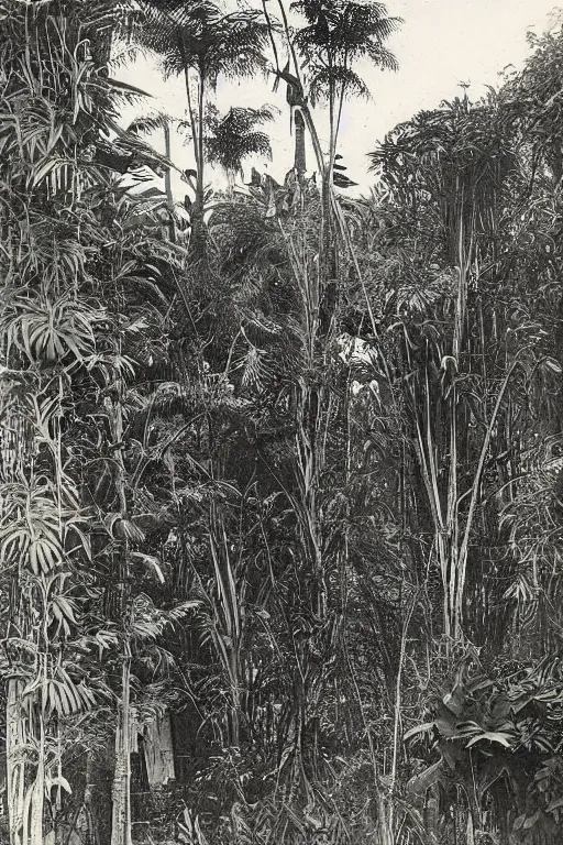 Prompt: long and tall organic buildings, jungle, black and white photography, year 1 9 0 0