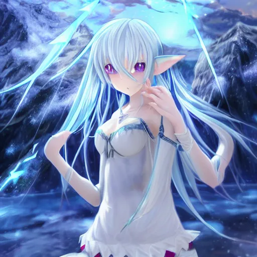 Image similar to a very beautiful anime elf girl, full body, long straight silver hair, sky blue eyes pointy ears, full round face, short smile, casual clothes, ice snowy lake setting, cinematic lightning, medium shot, mid-shot, highly detailed, trending on Artstation, Unreal Engine 4k, cinematic wallpaper by Stanley Artgerm Lau, WLOP, Rossdraws, James Jean, Andrei Riabovitchev, Marc Simonetti, and Sakimichan