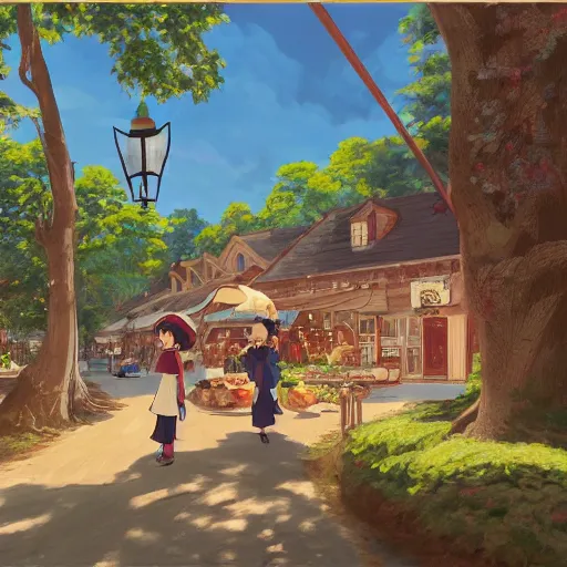 Image similar to concept art painting of a historic bakery with european and japanese architecture, in a woodland village surrounded by trees, inspired by kiki's delivery service, realistic, detailed, cel shaded, in the style of makoto shinkai and greg rutkowski and james gurney