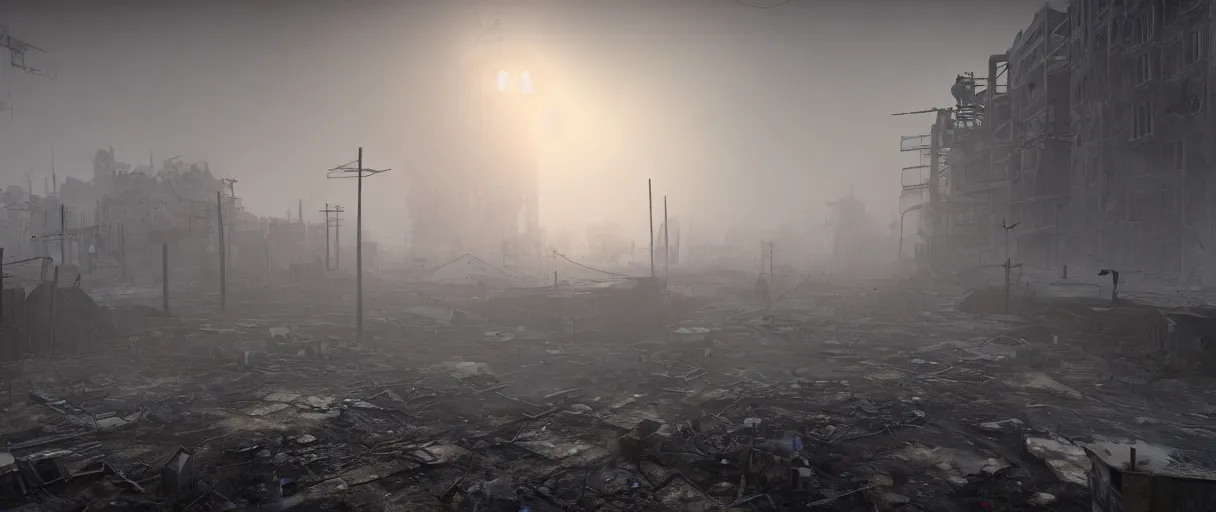 Image similar to post-apocalyptic urban warfare nightmare, decaying wasteland enshrouded in swirls of radioactive fog , high quality, volumetric lighting, cryengine, 8k