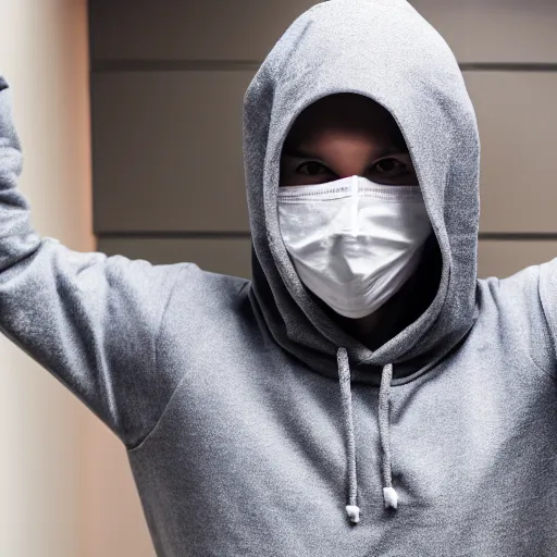 Image similar to person wearing featureless white plastic mask in hoodie, doing weird poses