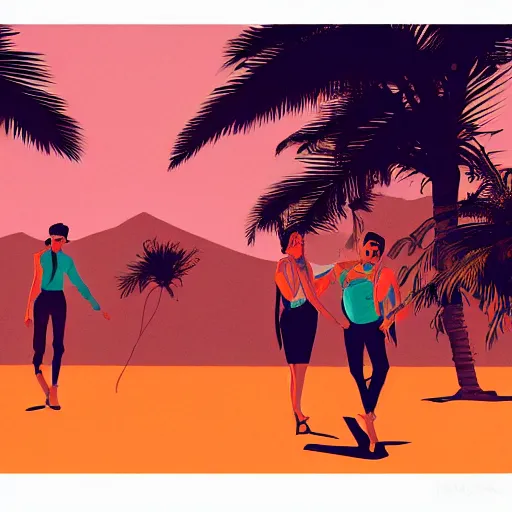 Image similar to a colorfully detailed comic noir illustration of tango dancers in a desert beach oasis by Sachin Teng, dark vibes, high contrast, pastel lighting, cinematic, depth of field, 8k