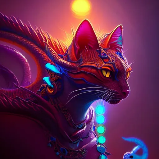 Image similar to beautiful colorful dragon cat. intricate portrait, occult cyberpunk, ancient futuristic, dark art, occult. by Petros Afshar, by artgerm, by Eddie Mendoza, by Peter mohrbacher, octane render, 3d, unreal engine, depth of field, bokeh, motion blur, blur