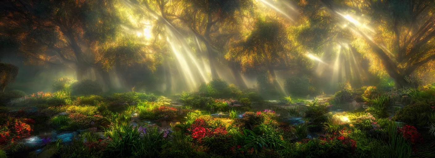 Image similar to photograph of enchanted garden, mist with rays of light by marc adamus, highly detailed, intricate detail, cinematic lighting, 8 k,