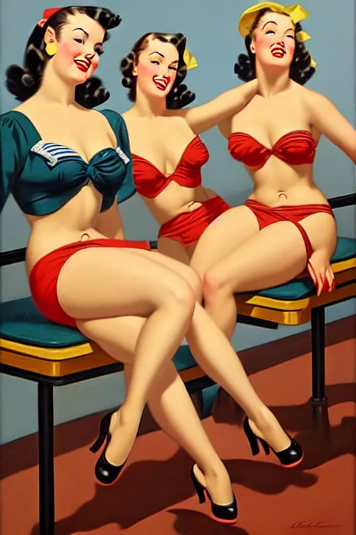 Image similar to 1940s group of pinup bikini girls in the office, oil painting, by Gil Elvgren