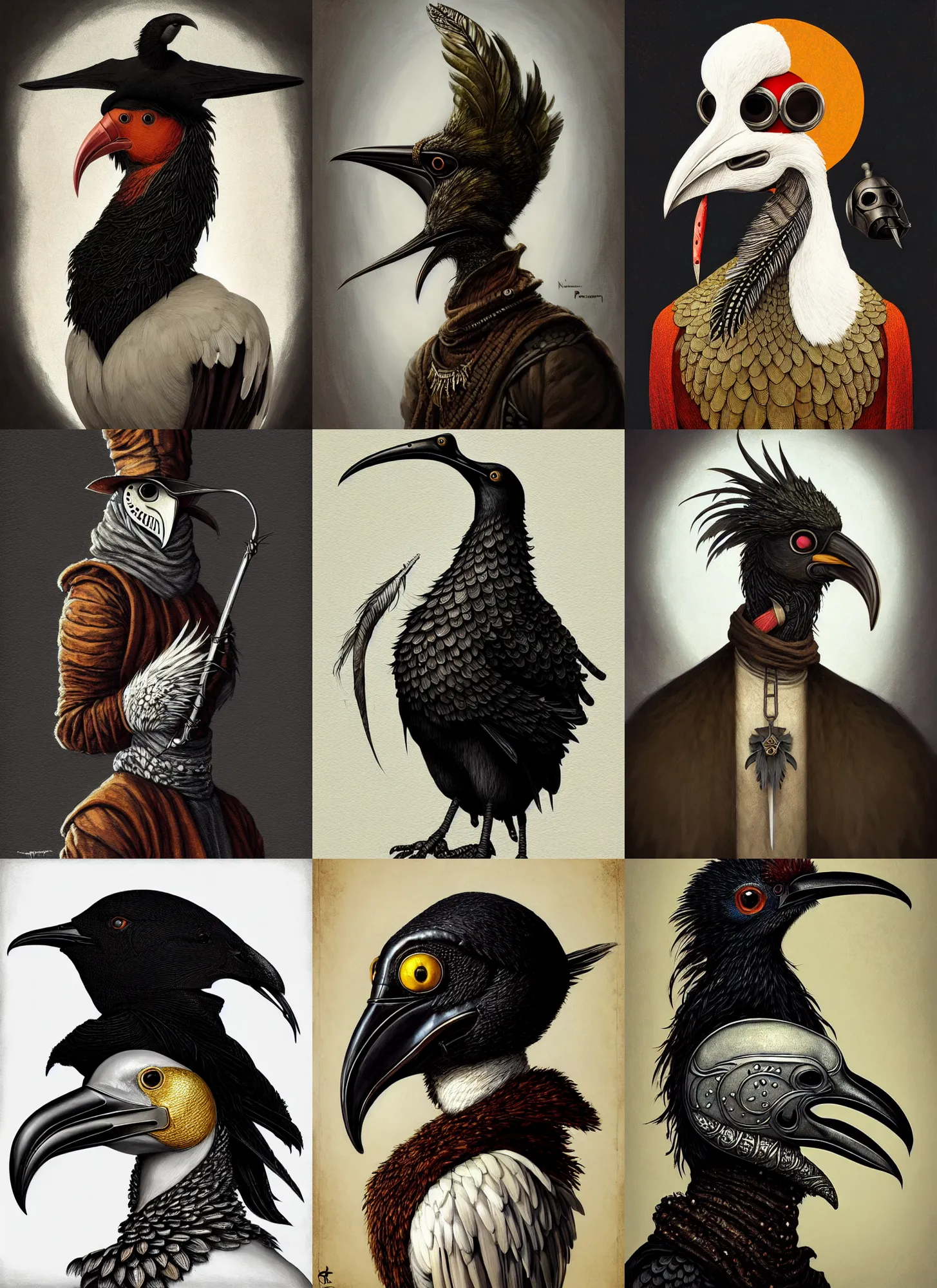 Prompt: rpg! profile! portrait of humanoid bird on white background, beak, feathers, plague doctor, beautiful clothes, d & d, cockatrice, intricate, highly detailed, digital painting, artstation, concept art, smooth, sharp focus, illustration, art by norman rockwell emiliano ponzi andrey remnev yoann lossel aaron jasinski, 8 k