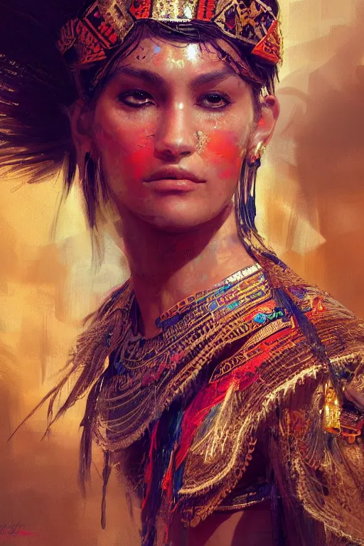 Image similar to aztec princess, gorgeous, close - up portrait, intricate, elegant, volumetric lighting, scenery, digital painting, highly detailed, artstation, sharp focus, illustration, concept art, ruan jia, steve mccurry