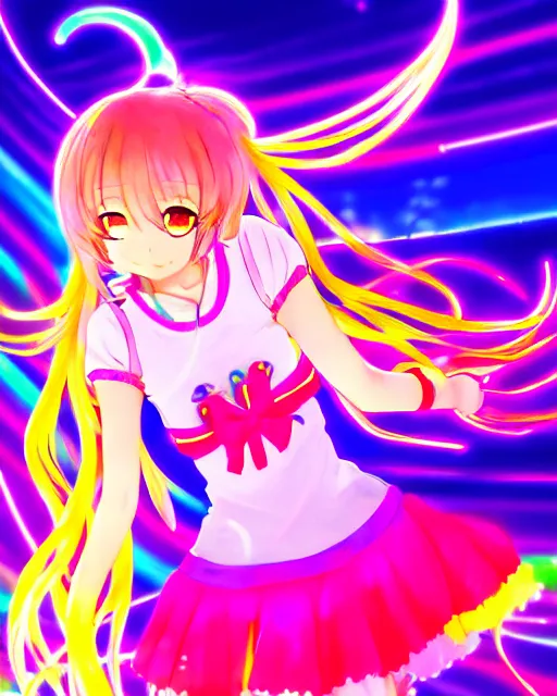 Prompt: anime style, vivid, expressive, full body, 4 k, painting, a cute magical girl idol with a long wavy colorful hair wearing a colorful dress, correct proportions, stunning, realistic light and shadow effects, neon lights, studio ghibly makoto shinkai yuji yamaguchi