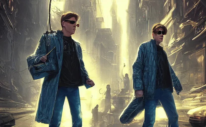 Prompt: marty mcfly wearing gold shades roaming around in the matrix, highly detailed, cinematic lighting, magical atmosphere, fantasy art, fine details by stanley artgerm lau, wlop, rossdraws, james jean, andrei riabovitchev, marc simonetti, and sakimichan, trending on artstation