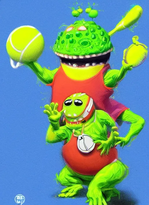 Prompt: good morning pancake and coffee monsters , a tennis ball monster ,tennis ball, colorful, digital art, fantasy, magic, trending on artstation, ultra detailed, professional illustration,chalk, poster artwork by Basil Gogos , clean