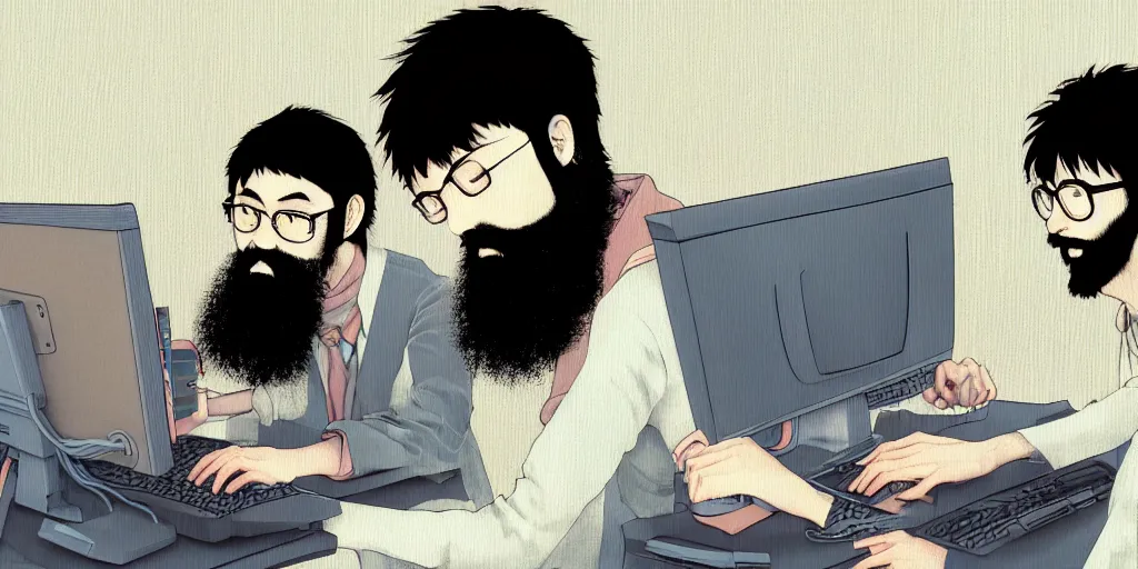 Prompt: programmer, man with beard, computer by hisashi eguchi, kentaro miura, and yoshitaka amano, soft colors, futuristic, 8 k