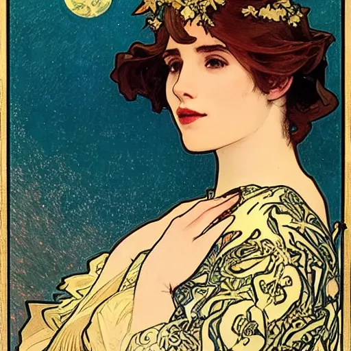 Image similar to emma roberts portrait by louis - theophile hingre and alphonse mucha, realistic, sharp focus, zodiac signs, tarot cards, planets, ethereal, art nouveau, magic, moon, sun, crown, dreamy, royal, jewellery