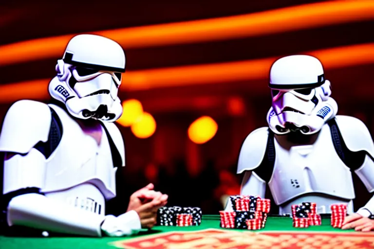 Prompt: a photo of two stormtroopers playing craps in las vegas, bokeh, blurred background, colorful lights