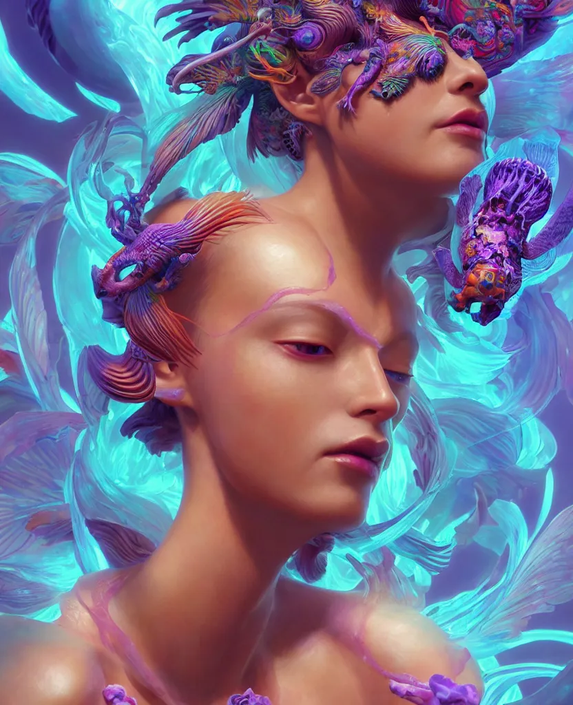 Image similar to goddess full color painted acryllic sculpture close-up portrait. orchid bird phoenix head, nautilus, skull, betta fish, bioluminiscent creatures, intricate artwork by Tooth Wu and wlop and beeple. octane render, trending on artstation, greg rutkowski very coherent symmetrical artwork. cinematic, hyper realism, high detail, octane render, 8k