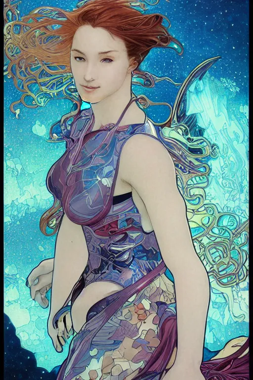 Image similar to swimming through time, by artgerm and yoshitaka amano and moebius and alphonse mucha, hyperdetailed, dc comics, ornate, nebula, explosions in the sky, trending on artstation