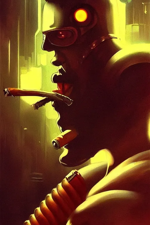 Image similar to An android smoking a cigar in a cyberpunk setting, by Frank Frazetta, dramatic lighting, 1980s colours, as trending on Artstation, highly detailed,