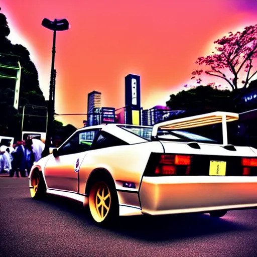 Image similar to a car Toyota Celica at carshow, Shibuya prefecture, city sunset, cinematic color, photorealistic, highly detailed