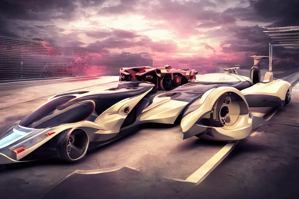 Prompt: Futuristic Hover Car Le Mans Races In Italy Circa Year 10,0000 Designed by Syd Mead and Pininfarina, beautiful sunset, photorealistic, hyperrealistic, octane render, HDR, IG Studios Anime Style