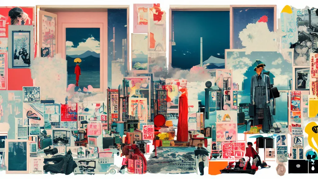 Image similar to an arrangement of popculture traveller props, japan, a collage painting, in the style of wes anderson, lola dupre, david hockney, isolated on negative white space background dark monochrome neon spraypaint accents volumetric octane render