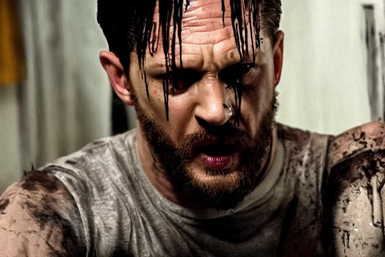 Prompt: film still of Tom Hardy as Max Payne in a dark dream crying over baby crib in the Max Payne movie, 4k