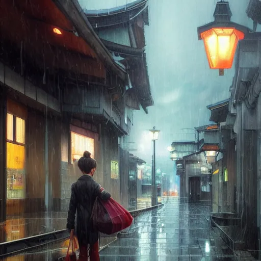 Prompt: walking around ozu city and shimonad station, ehime, japan. rain, wet, volumetric lighting, realistic illustration, perfectly shaded, soft painting, art by krenz cushart and wenjun lin