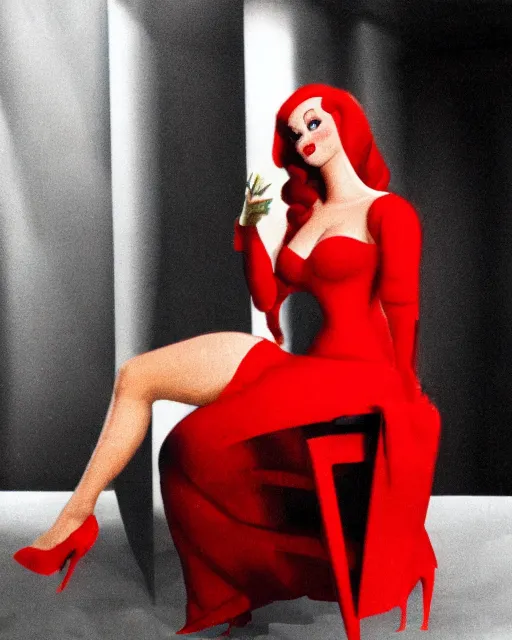 Image similar to Jessica Rabbit wearing red dress eating a bag of Doritos, sitting on a chair, photograph