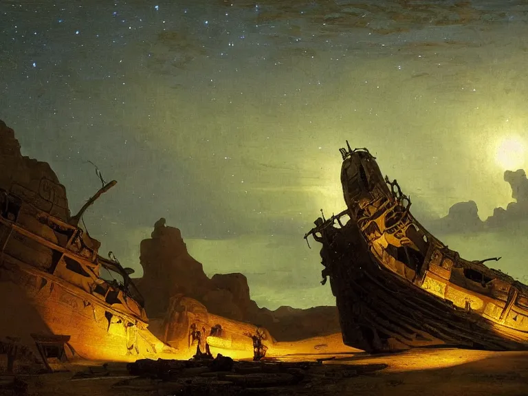 Image similar to an oil painting of an ancient shipwreck in the middle of an alien desert at dusk, aurora and stars light up the sky by carl spitzweg and tuomas korpi. baroque elements, full-length view. baroque element. intricate artwork by caravaggio. Trending on artstation. 8k