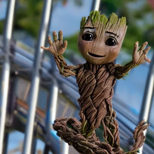 Image similar to baby groot riding a roller coaster
