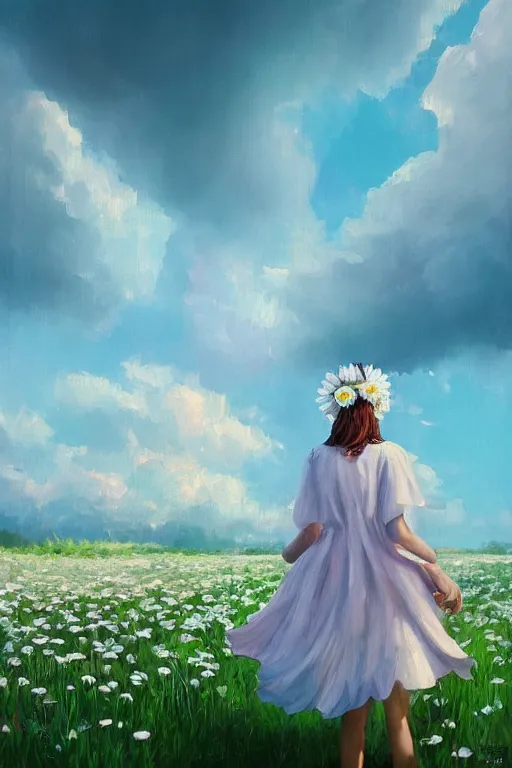 Image similar to giant white daisy flowers as head veil, girl walking in a flower field, surreal photography, sunrise, dramatic light, impressionist painting, colorful clouds, digital painting, artstation, simon stalenhag