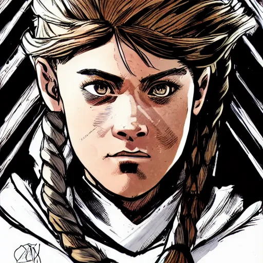 Prompt: portrait of afraid Aloy from Horizon: Zero Dawn, comic book illustration, by John Kirby