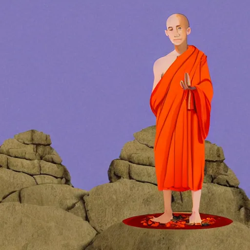 Image similar to slightly rusty robot monk in orange robes meditating in front of a worn stone shrine on a hilltop with wildflowers, digital illustration