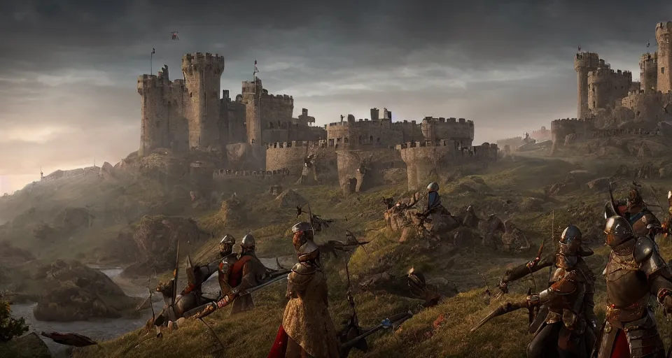 Prompt: ten medieval soldiers atop a castle wall looking over a vast medieval kingdom rule by an evil king. it is a quiet morning. mist, epic, cinematic, volumetric lighting, fantasy style, highly - detailed, unreal 5, realism