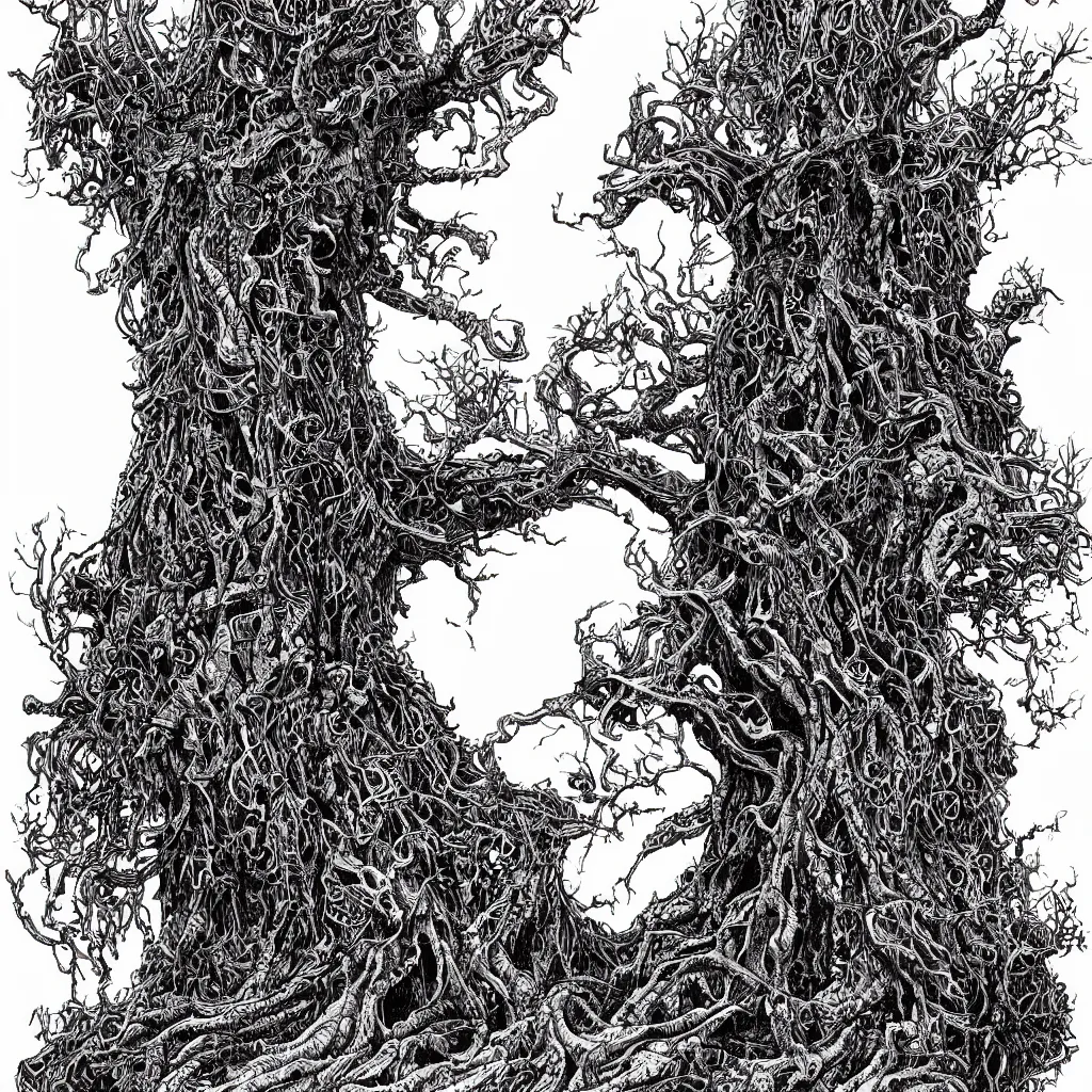 Prompt: black micron pen illustration, The Hag Tree by Ian Miller, white background, artstation