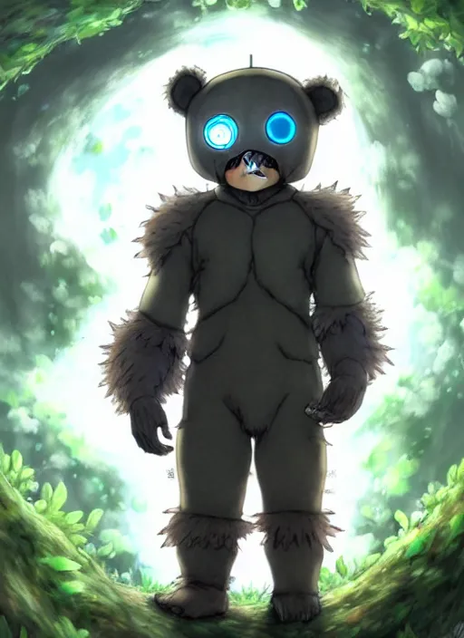 Image similar to beautiful little boy wearing an cyborg bear suit, artwork in kentaro miura and made in abyss and rosdraws, smooth, beautiful lightness, anatomically correct, trending on pixiv, forest