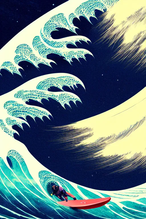 Image similar to a beautiful digital painting of an astronaut surfing the great wave off kanagawa on a surboard by greg rutkowski, trending on artstation, highly detailed, intricate, unreal engine, octane render, photorealistic