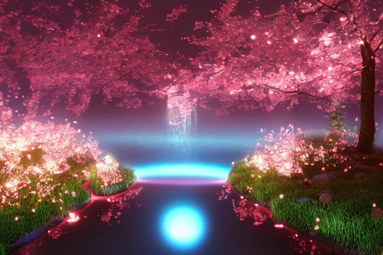 Image similar to Isometric bio-luminescent waterfall, cherry-blossom-tree, night-time, moon, fireflies, atmospheric, magical atmosphere, octane render, artstation, HD, 8K