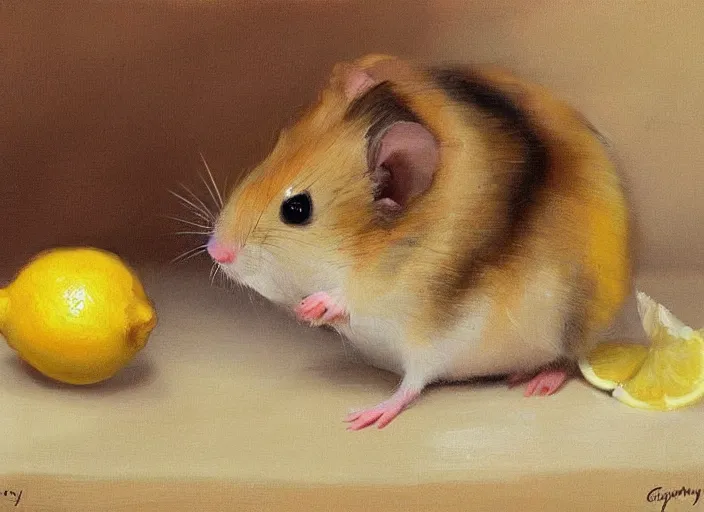 Prompt: a highly detailed beautiful portrait of a cute little hamster eating lemon, by gregory manchess, james gurney, james jean