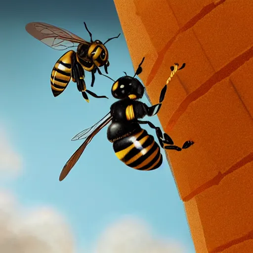 Prompt: wasp against bees inside a bee hive, artstation